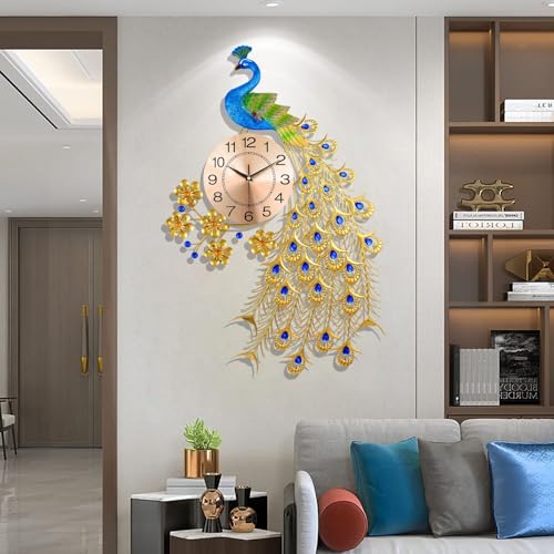Gran Reloj de Pared de Pavo Real para decoración de la Sala de Estar, Relojes de Pared Grandes de Pavo Real Decorativos de Mediados de Siglo.