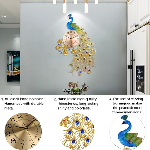 Gran Reloj de Pared de Pavo Real para decoración de la Sala de Estar, Relojes de Pared Grandes de Pavo Real Decorativos de Mediados de Siglo.