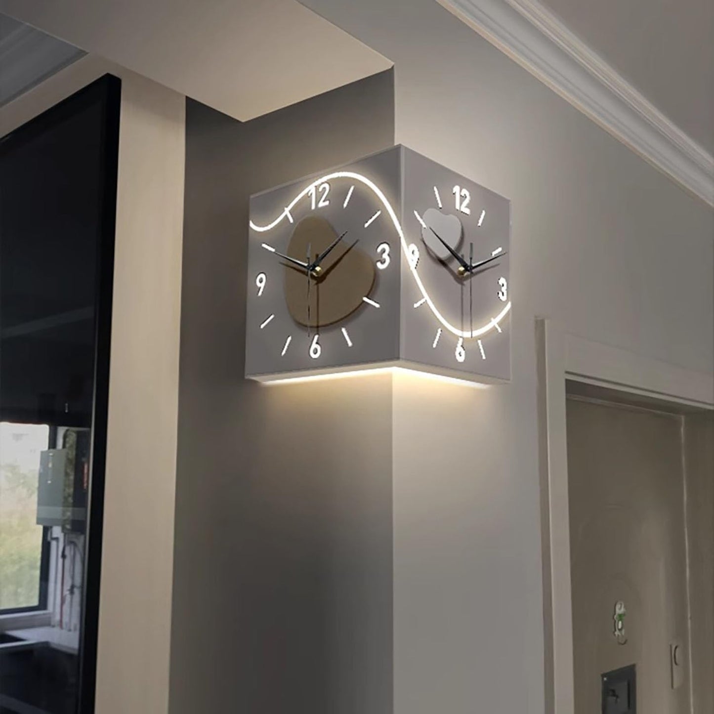 Reloj de pared con sensor luminoso de esquina, reloj de pared de esquina de doble cara con escala numérica, diseño acrílico para dormitorio y sala de estar