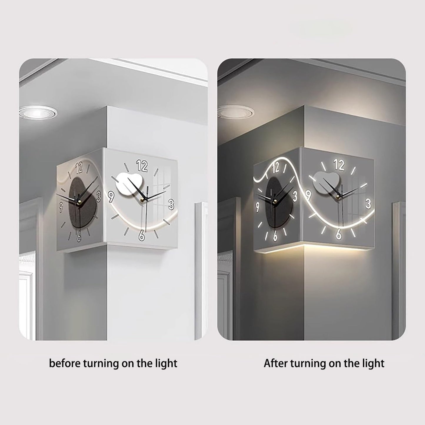 Reloj de pared con sensor luminoso de esquina, reloj de pared de esquina de doble cara con escala numérica, diseño acrílico para dormitorio y sala de estar