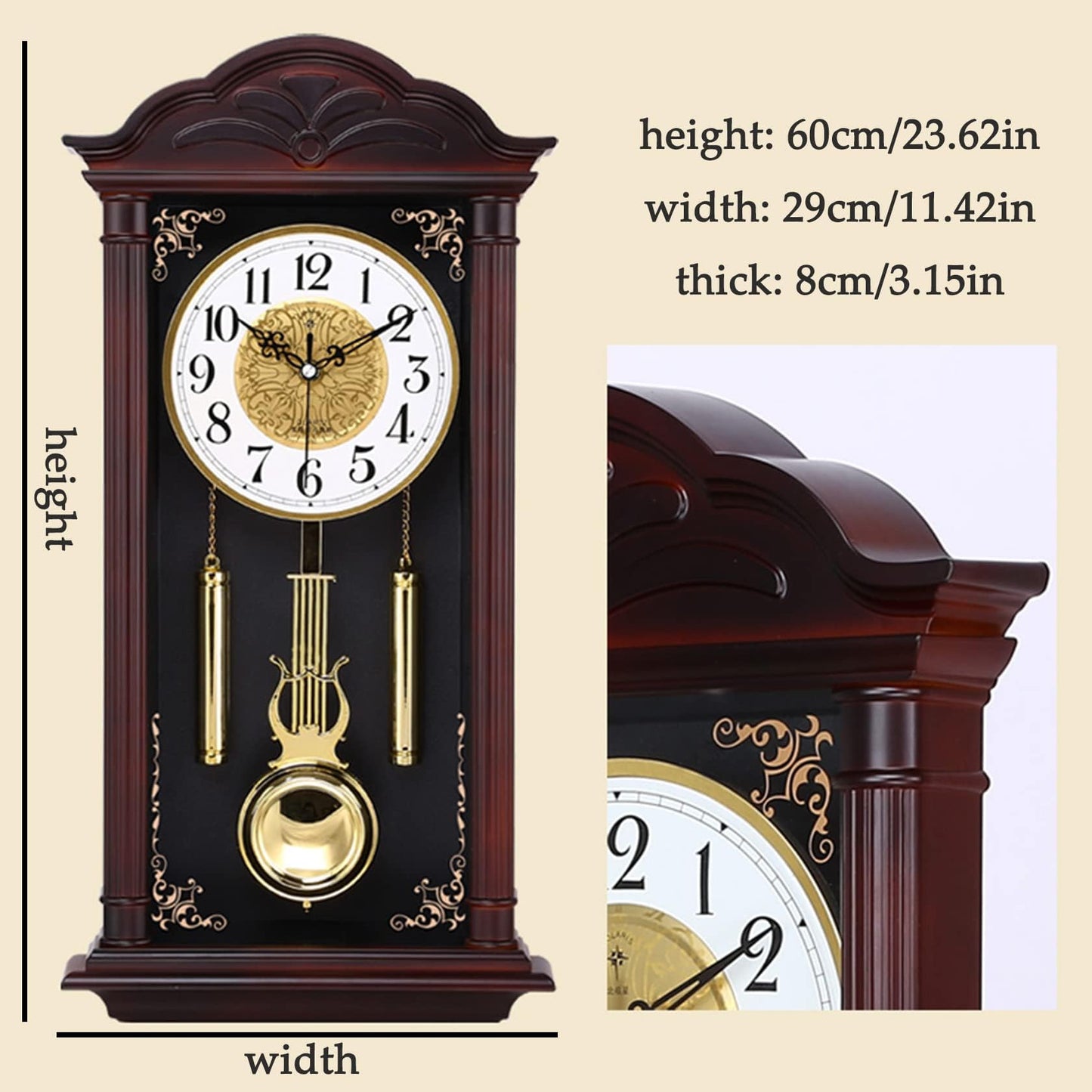 Reloj de pared de madera para abuelo con timbre y péndulo oscilante, reloj silencioso tradicional de 26 pulgadas, diseño clásico de campanilla