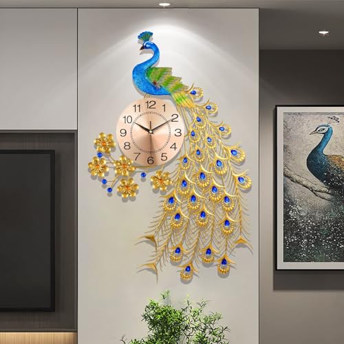 Gran Reloj de Pared de Pavo Real para decoración de la Sala de Estar, Relojes de Pared Grandes de Pavo Real Decorativos de Mediados de Siglo.
