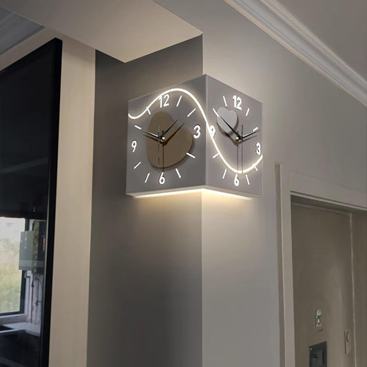 Reloj de pared con sensor luminoso de esquina, reloj de pared de esquina de doble cara con escala numérica, diseño acrílico para dormitorio y sala de estar